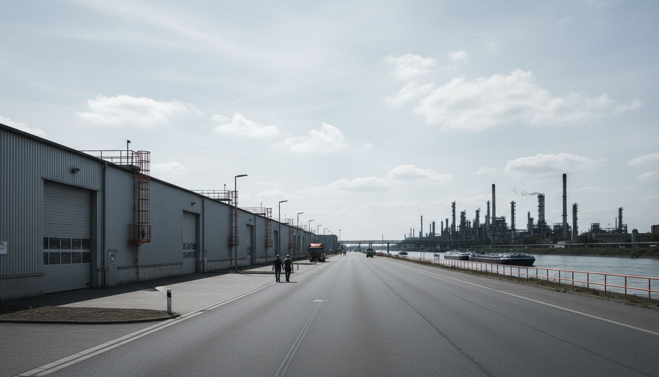 Gewerbestraße am Rhein mit flachen Lagerhallen und Chemieanlage im Hintergrund