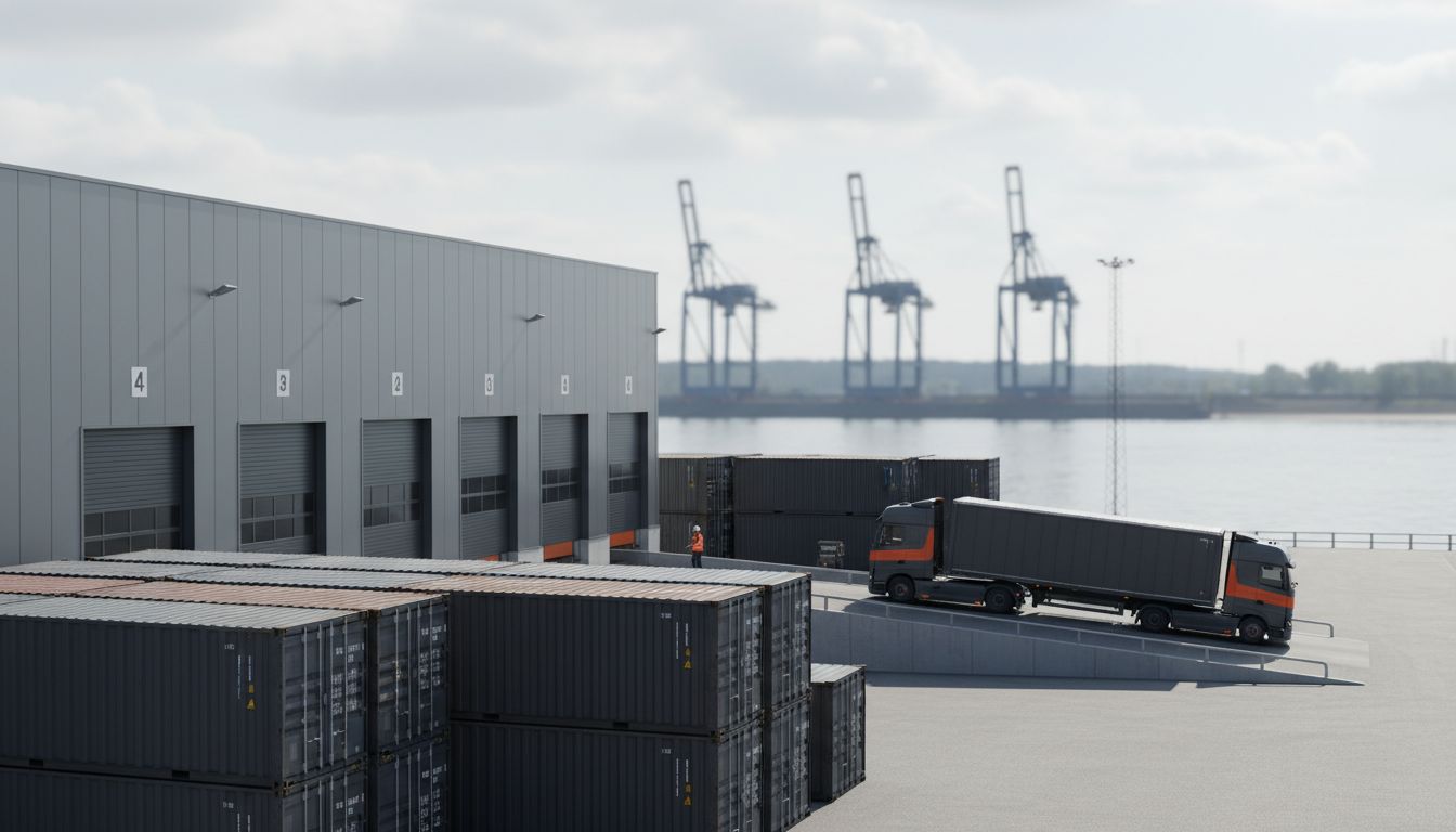 Umschlagplatz im Binnenhafen mit Verladerampe, Containern und Hafenkränen