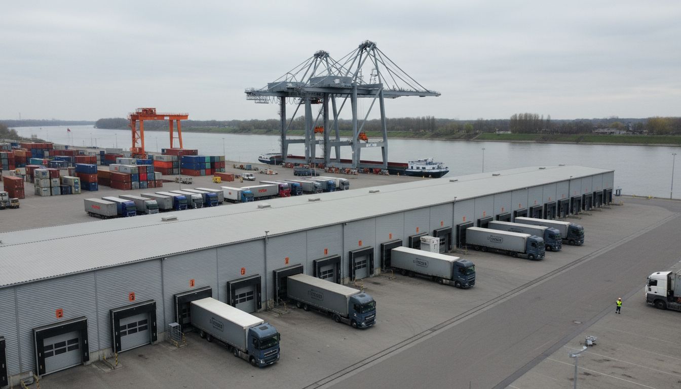 Hafenterminal am Rhein mit langer Lagerhalle, Verladetoren und Containerkran