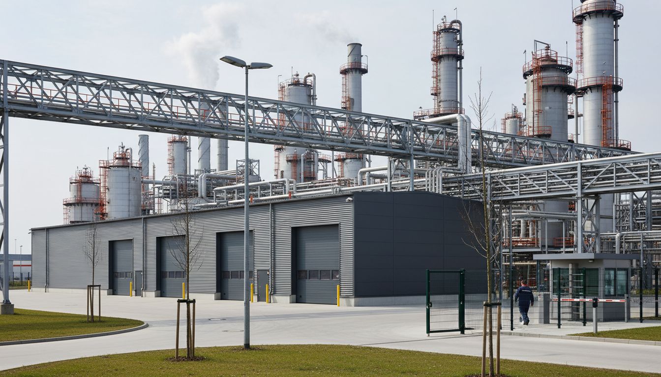 Chemiepark-Umfeld mit Rohrbrücken und Logistikhalle mit Industrietoren