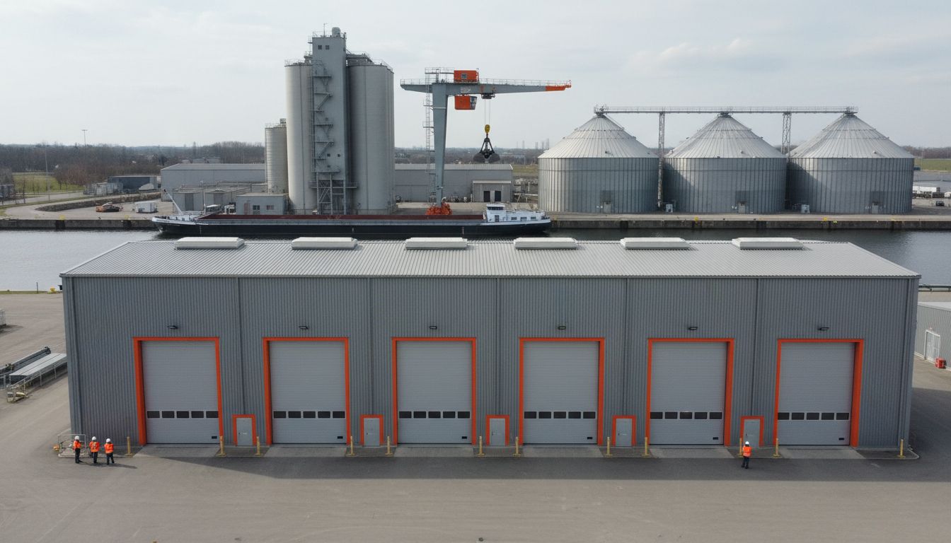 Binnenhafen mit Getreidesilos und Lagerhalle mit mehreren Industrietoren